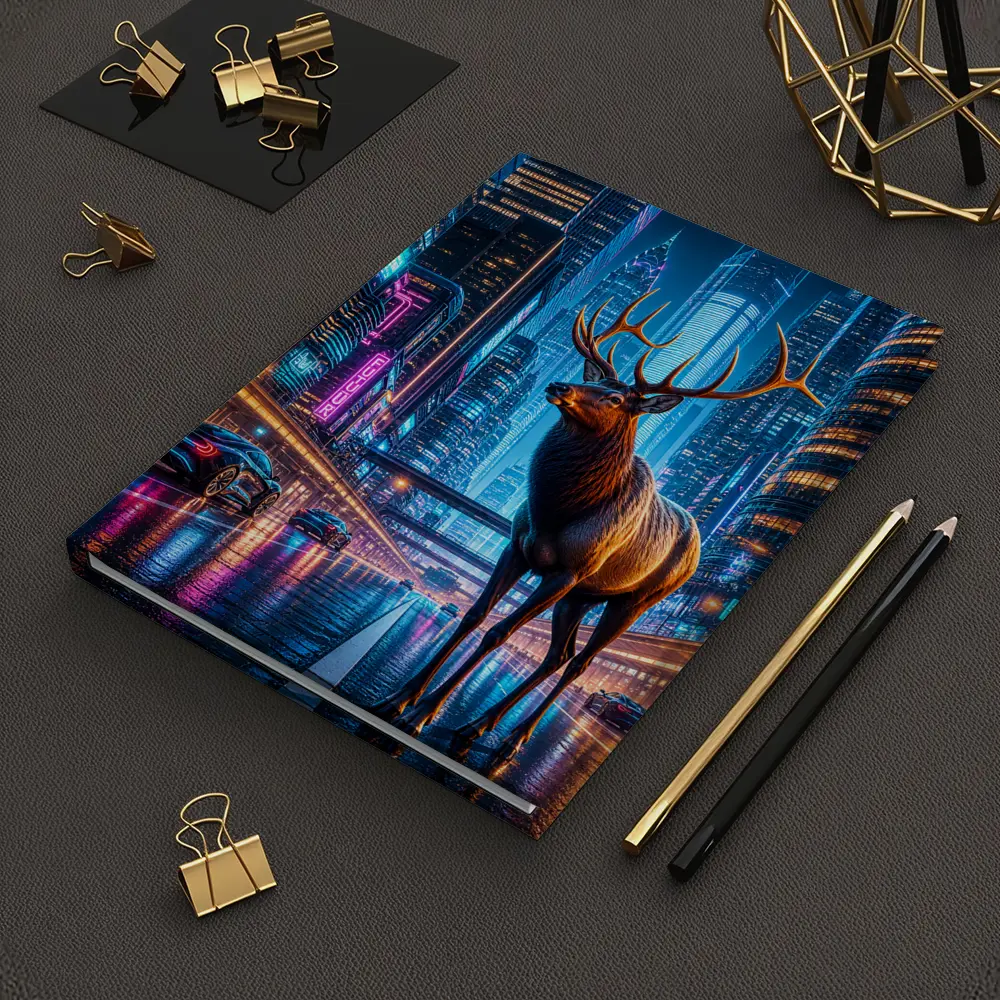 Elk Stag Standing in Neon Cyberpunk City – Notebooks