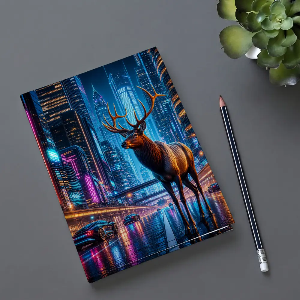 Elk Stag Standing in Neon Cyberpunk City – Notebooks