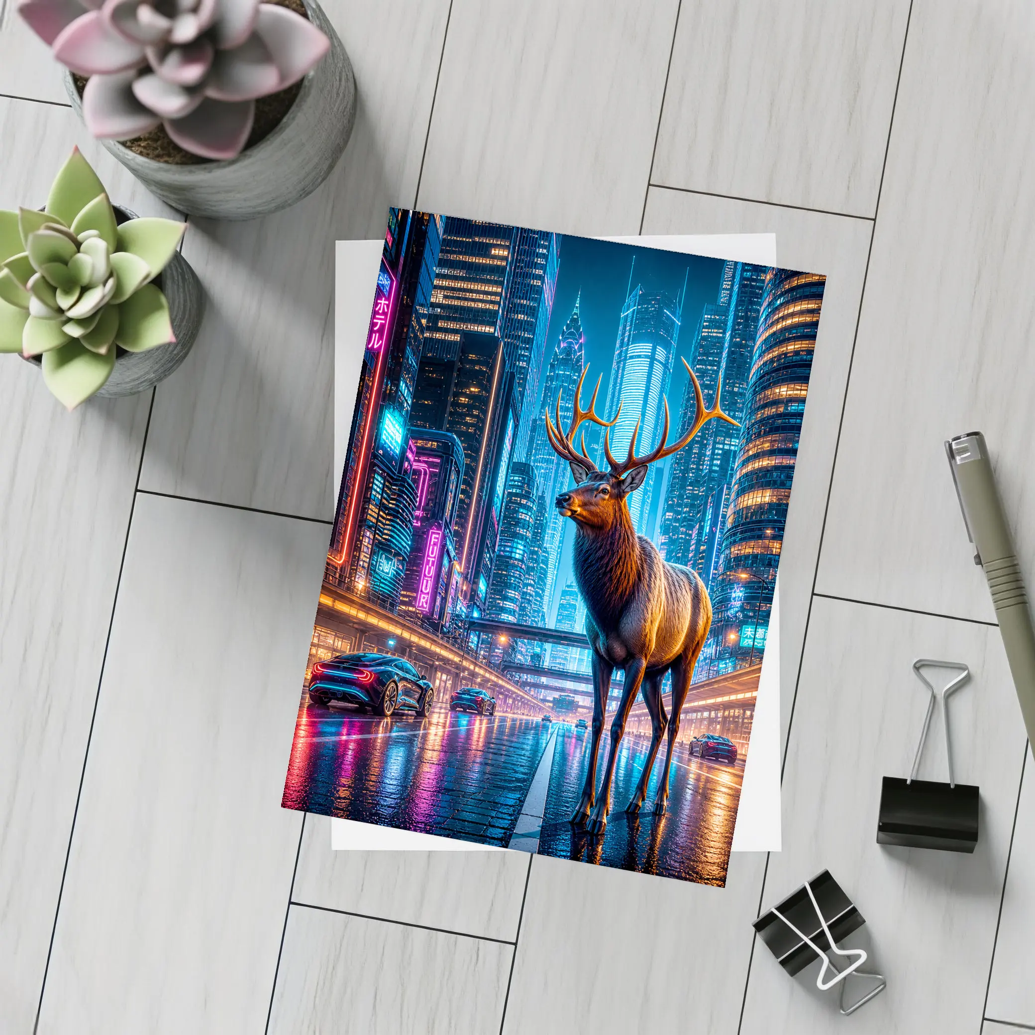 Elk Stag Standing in Neon Cyberpunk City – Postcards