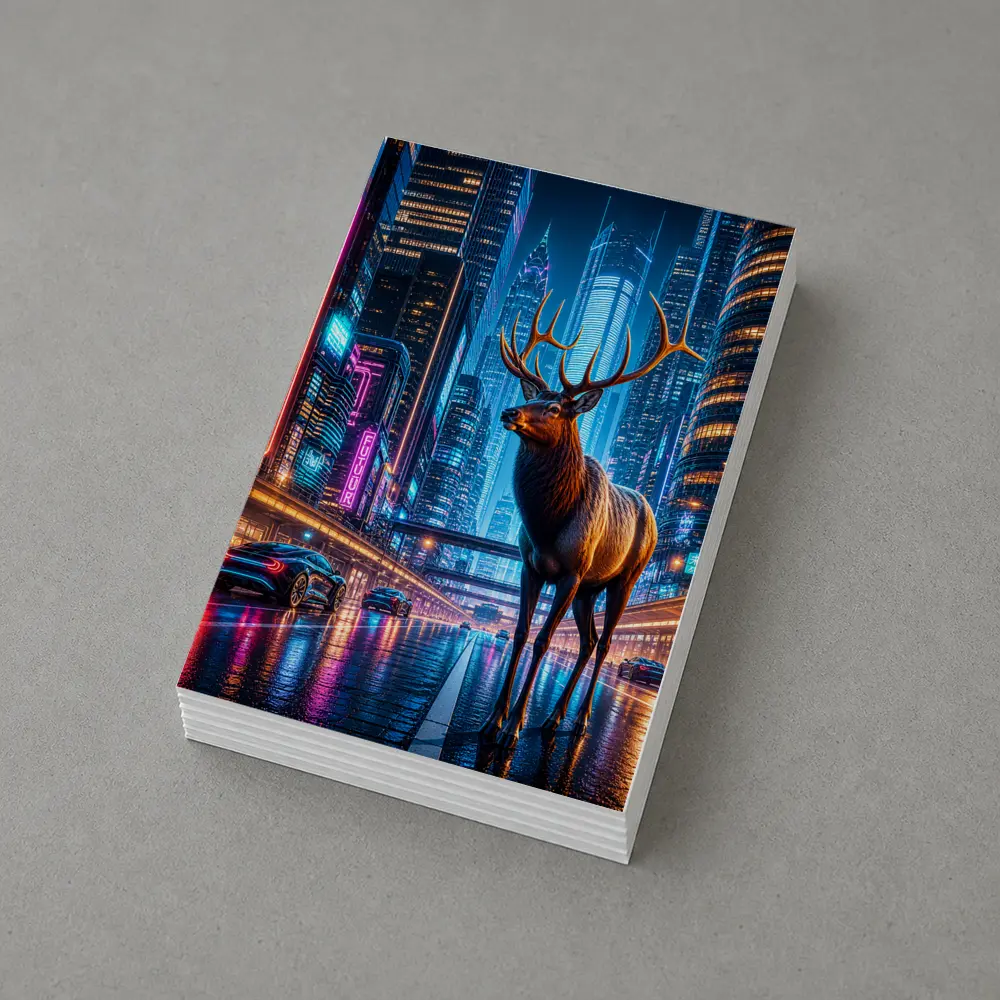 Elk Stag Standing in Neon Cyberpunk City – Postcards