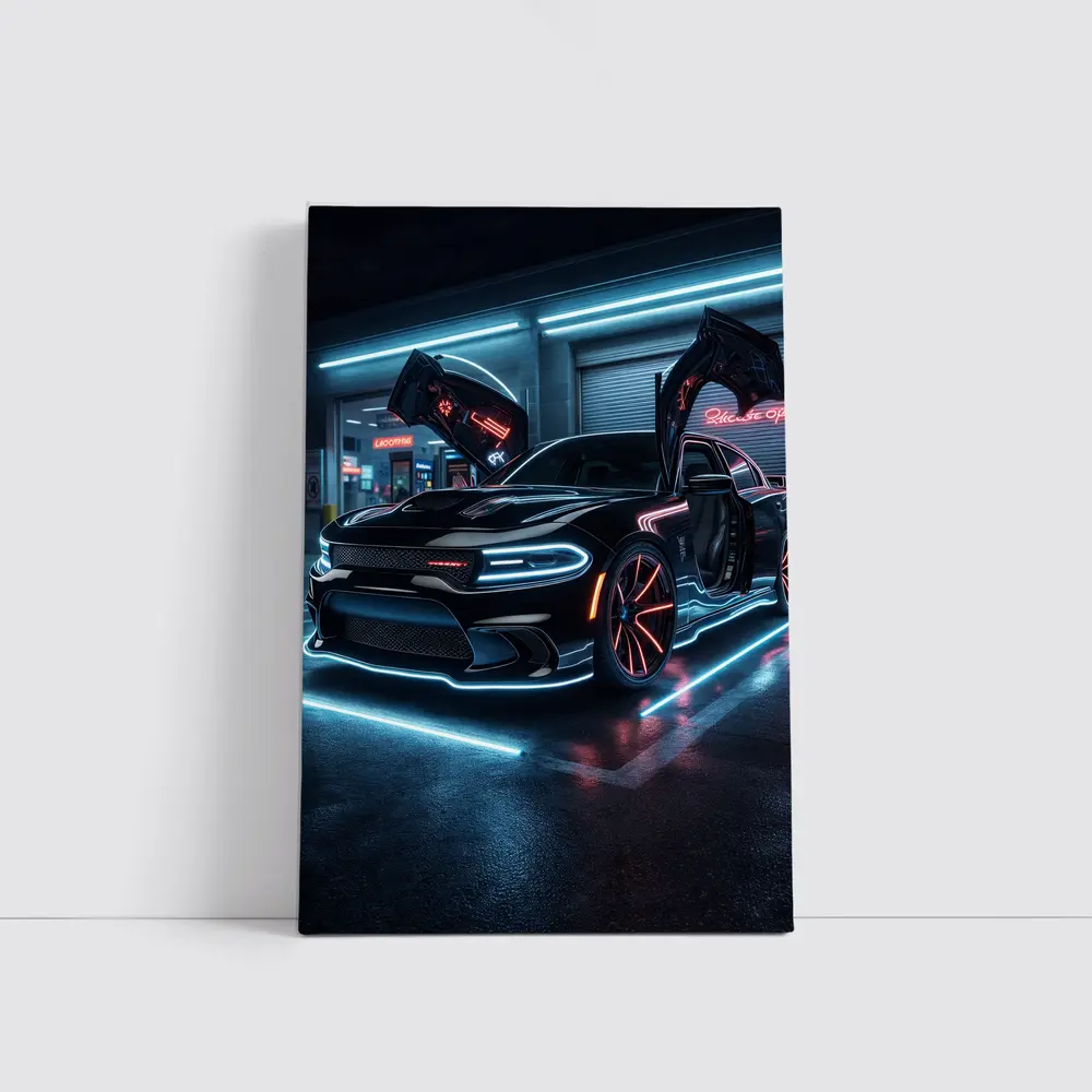 Dodge Charger Neon Lights Night Garage – Wall Art
