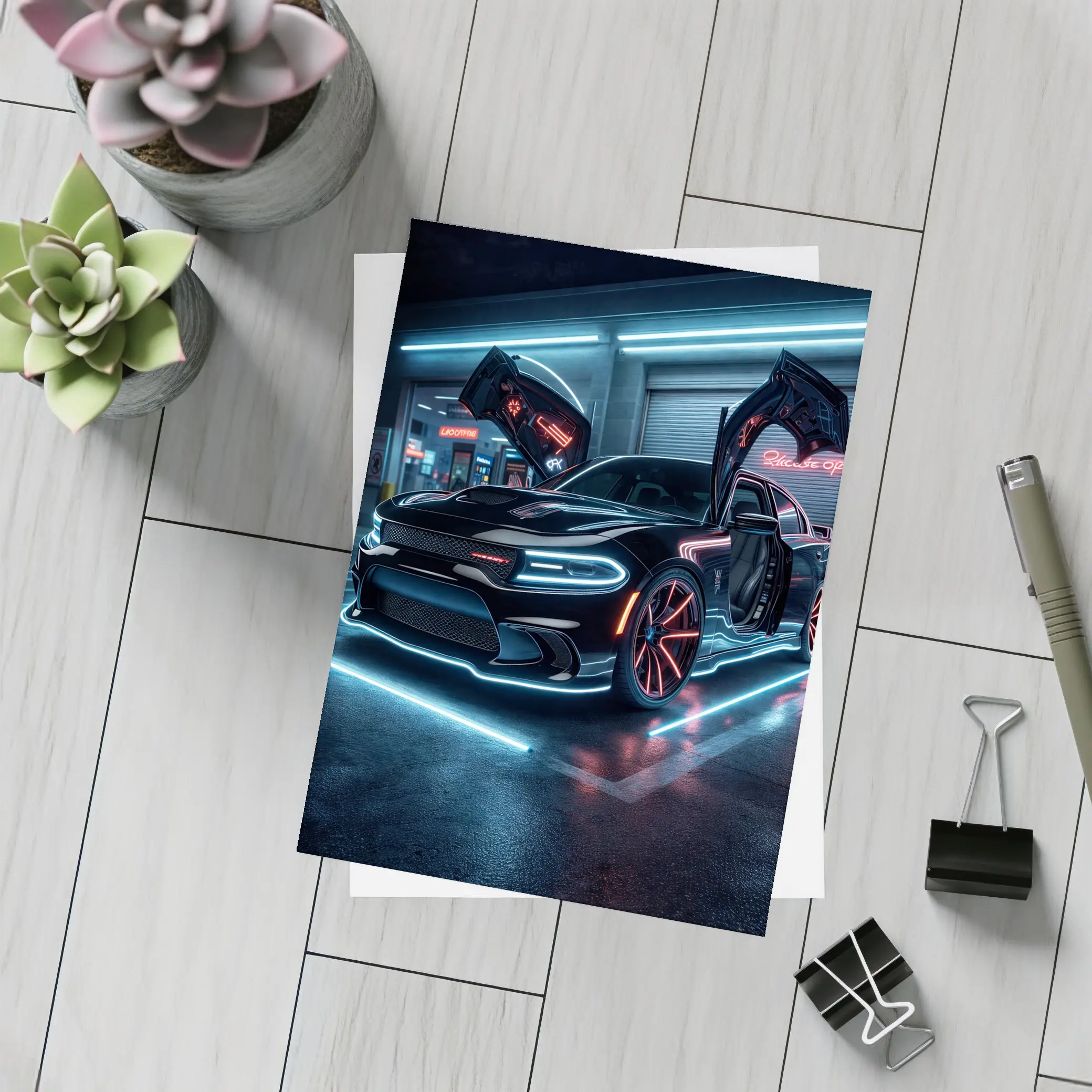 Dodge Charger Neon Lights Night Garage – Postcards