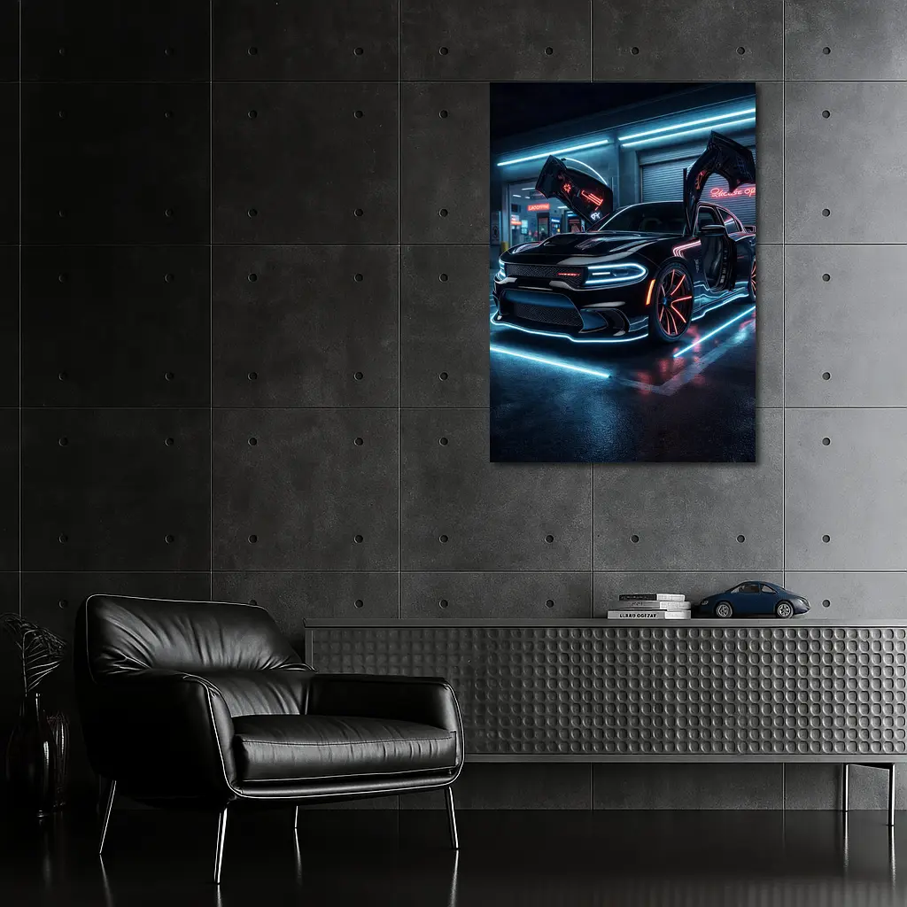 Dodge Charger Neon Lights Night Garage – Wall Art