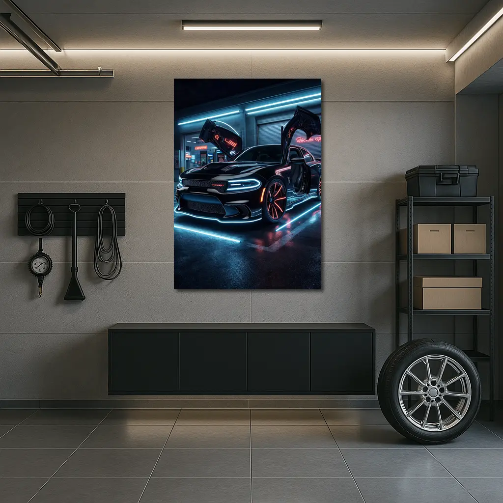 Dodge Charger Neon Lights Night Garage – Wall Art