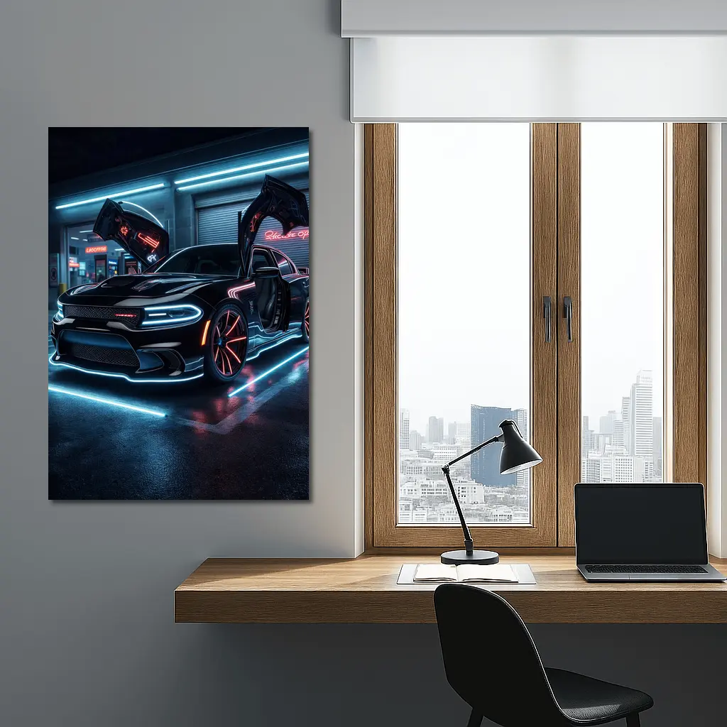 Dodge Charger Neon Lights Night Garage – Wall Art