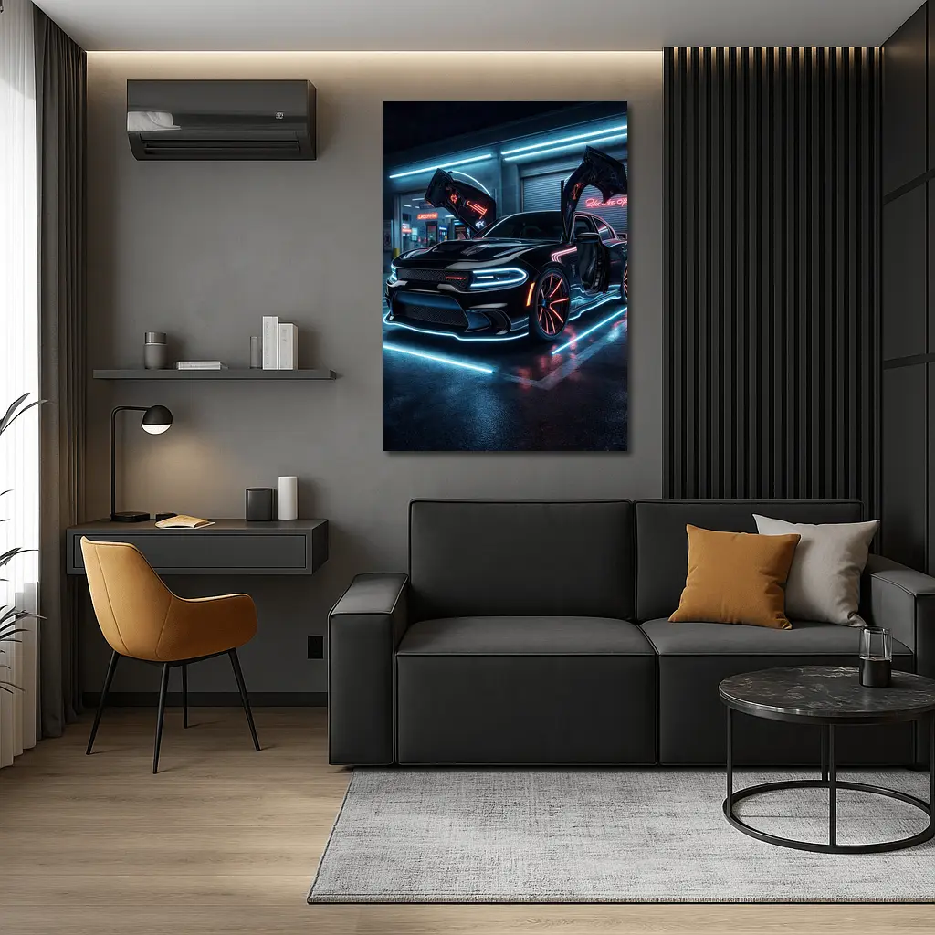 Dodge Charger Neon Lights Night Garage – Wall Art