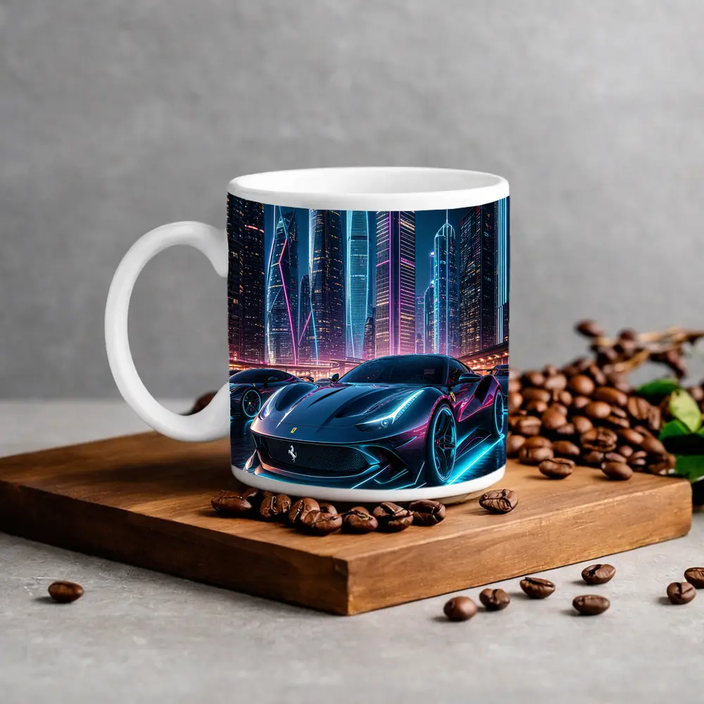 Ferrari Roma Neon City Night Art – Mugs