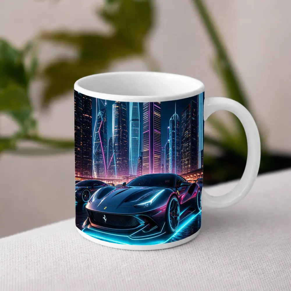 Ferrari Roma Neon City Night Art – Mugs