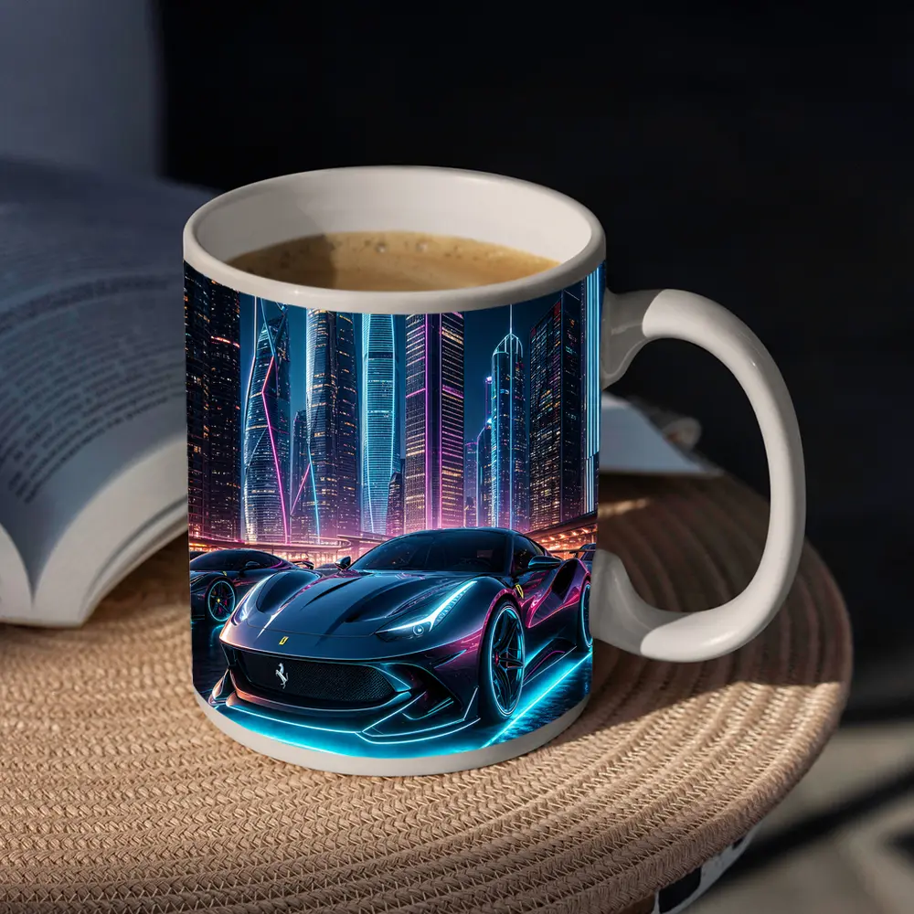 Ferrari Roma Neon City Night Art – Mugs