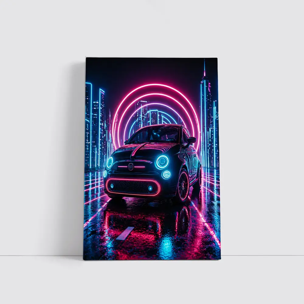 Fiat 500 Neon Lights Futuristic City Night – Wall Art