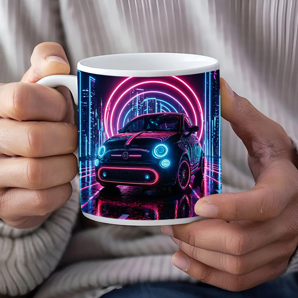 Fiat 500 Neon Lights Futuristic City Night – Mugs