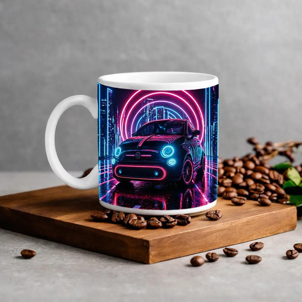 Fiat 500 Neon Lights Futuristic City Night – Mugs
