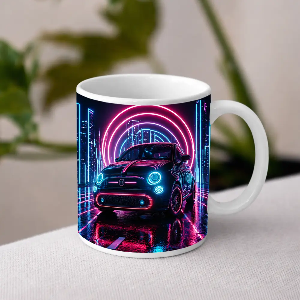 Fiat 500 Neon Lights Futuristic City Night – Mugs