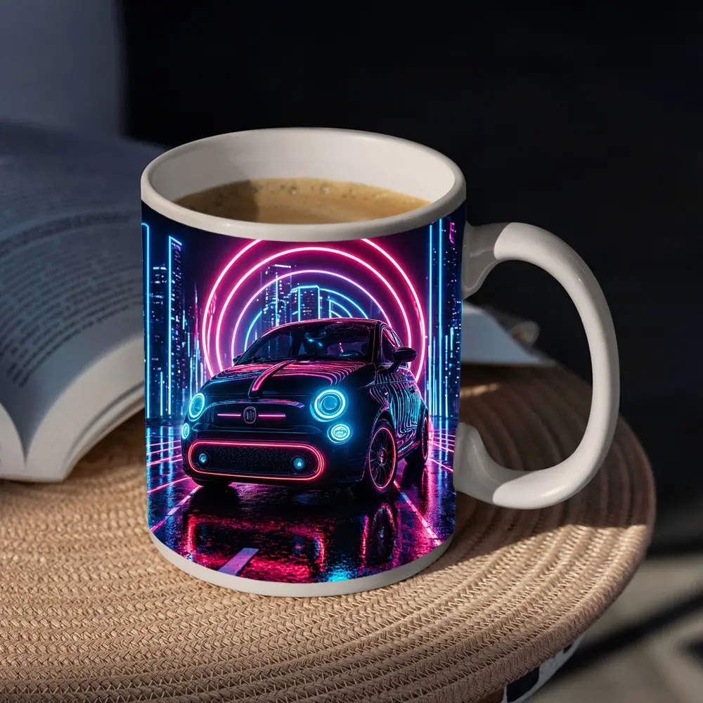 Fiat 500 Neon Lights Futuristic City Night – Mugs