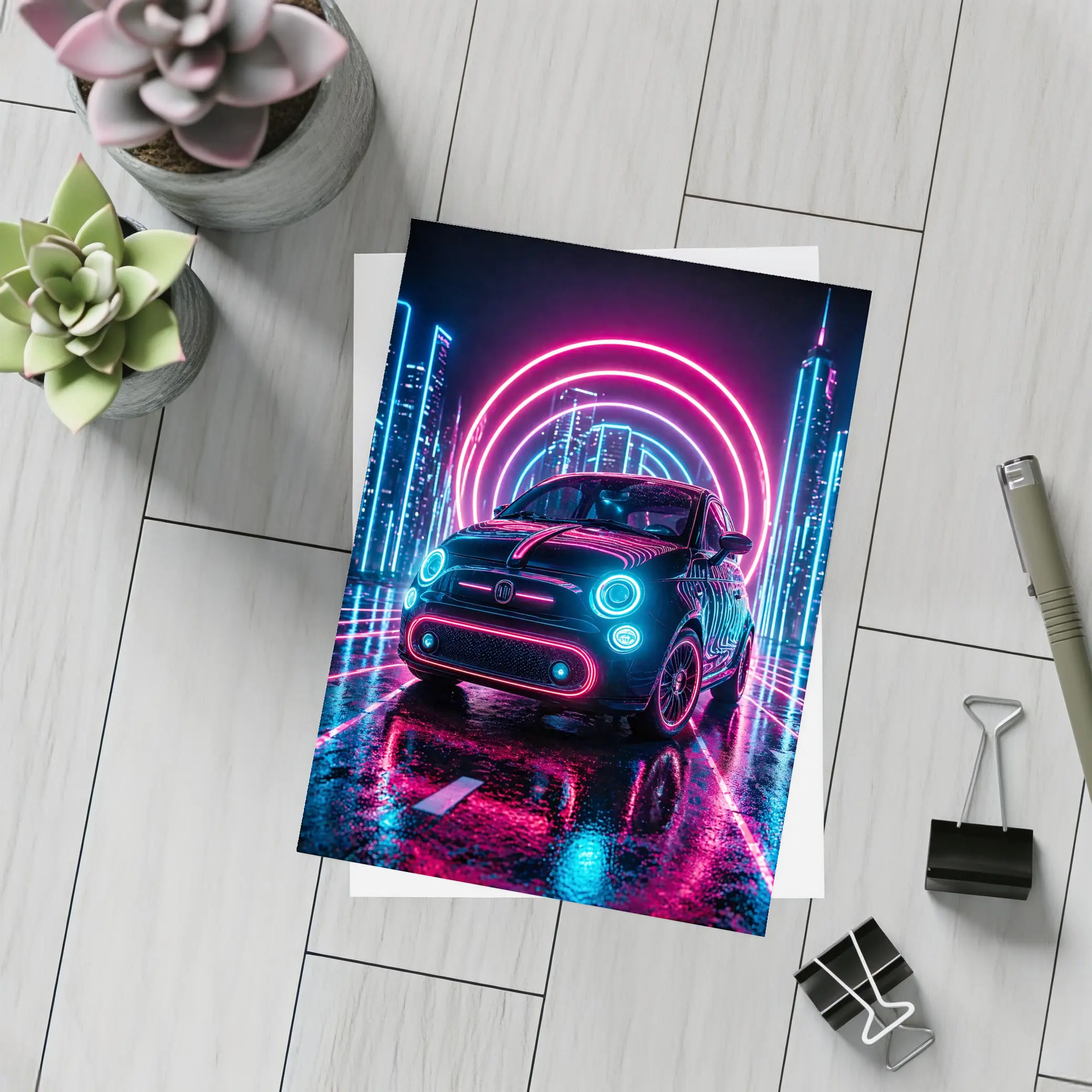 Fiat 500 Neon Lights Futuristic City Night – Postcards