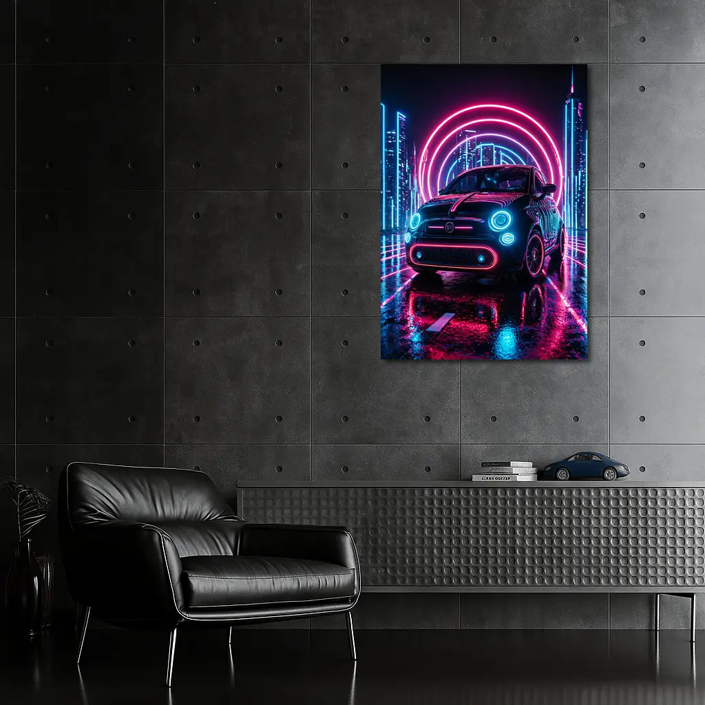 Fiat 500 Neon Lights Futuristic City Night – Wall Art