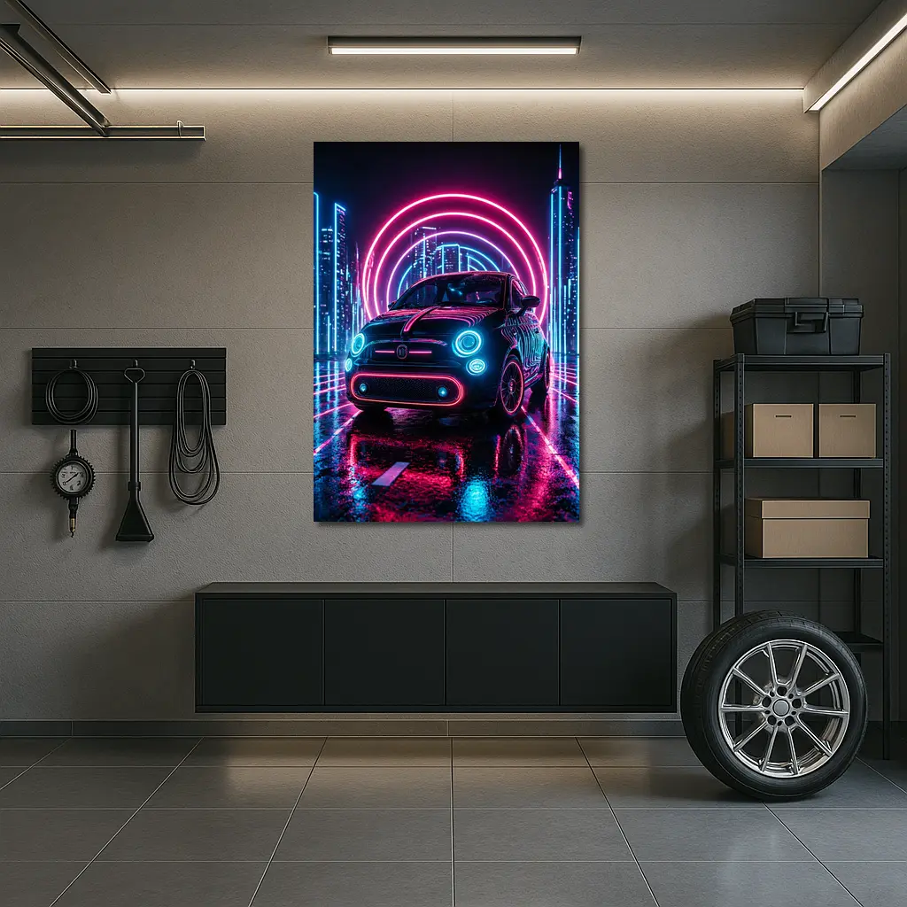Fiat 500 Neon Lights Futuristic City Night – Wall Art