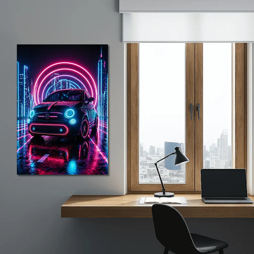 Fiat 500 Neon Lights Futuristic City Night – Wall Art