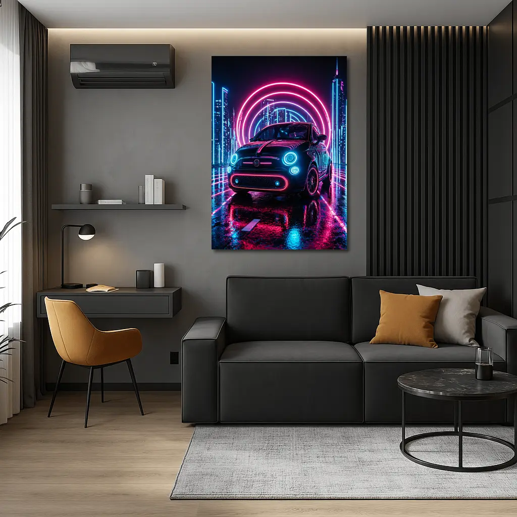 Fiat 500 Neon Lights Futuristic City Night – Wall Art