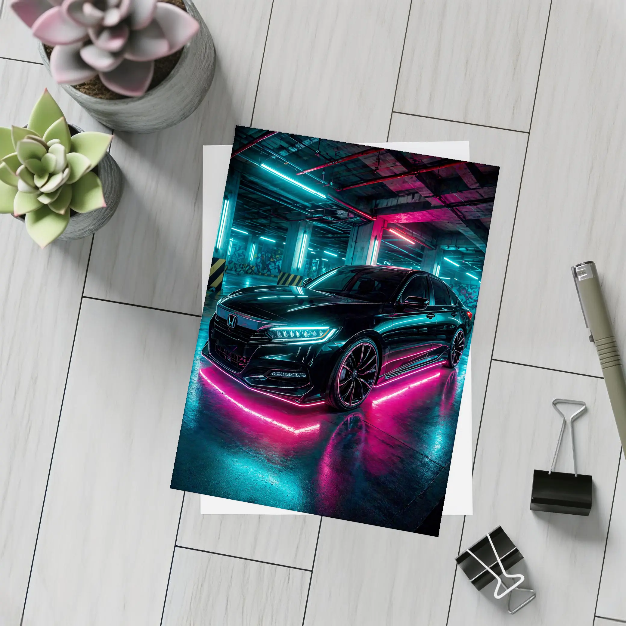Honda Accord Neon Lights Underground Parking – Postcards