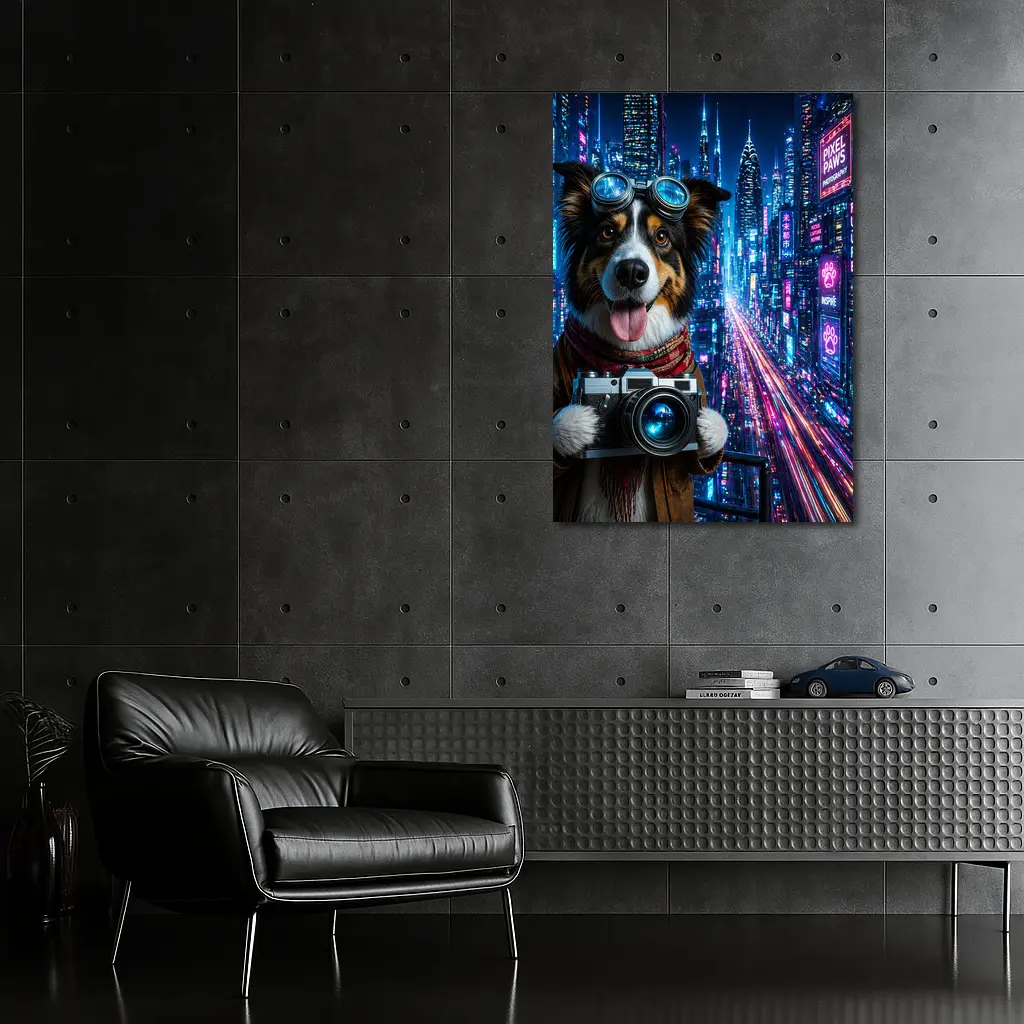 Border Collie Photographer Neon Cyberpunk City – Wall Art