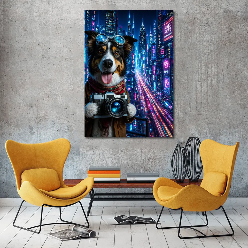 Border Collie Photographer Neon Cyberpunk City – Wall Art