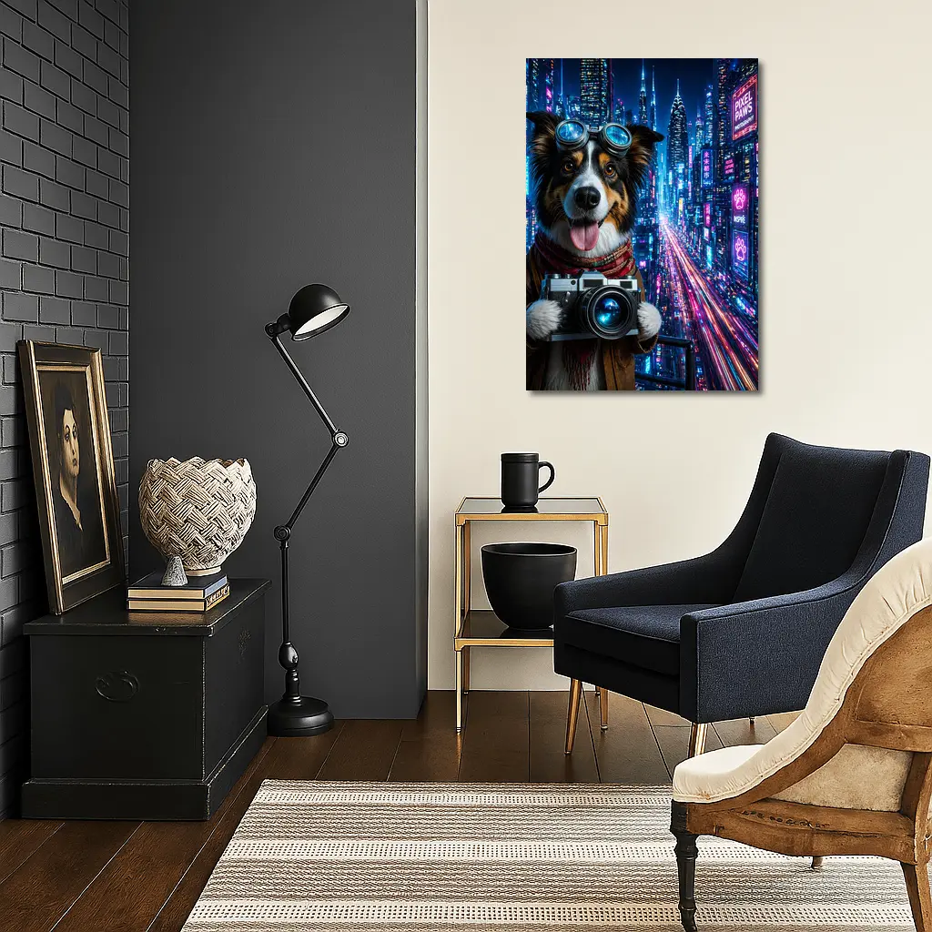 Border Collie Photographer Neon Cyberpunk City – Wall Art