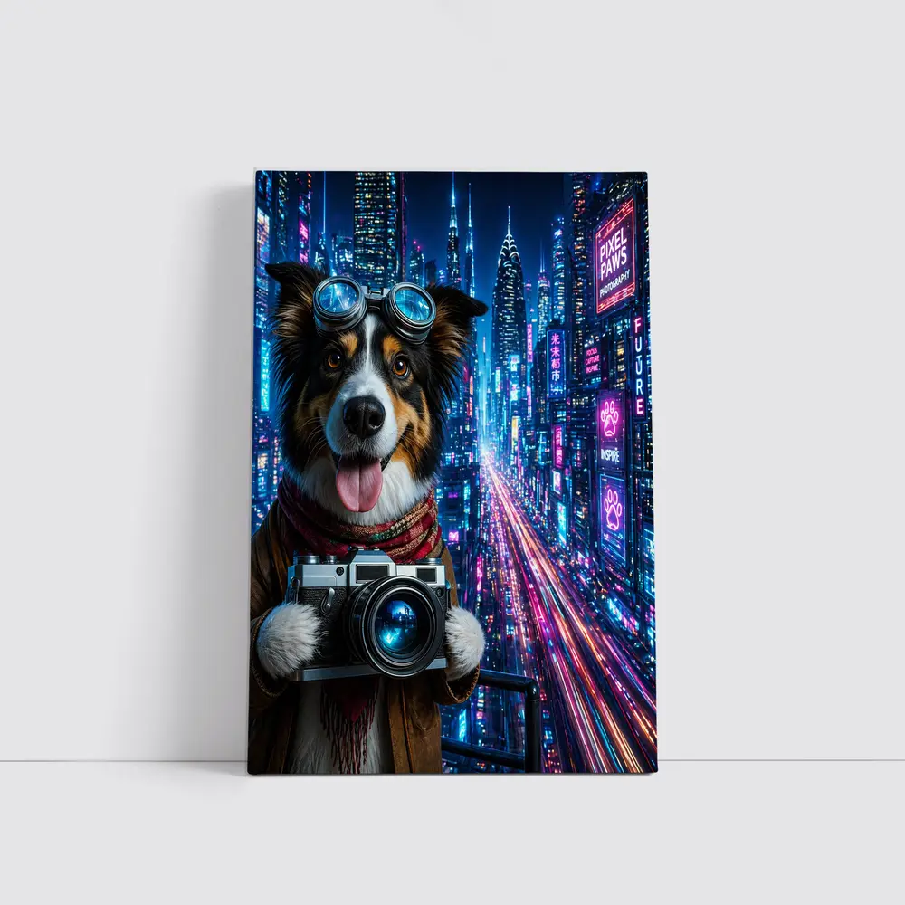 Border Collie Photographer Neon Cyberpunk City – Wall Art