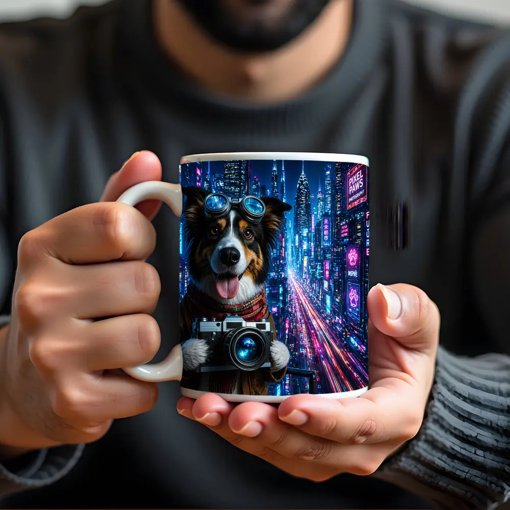Border Collie Photographer Neon Cyberpunk City – Mugs