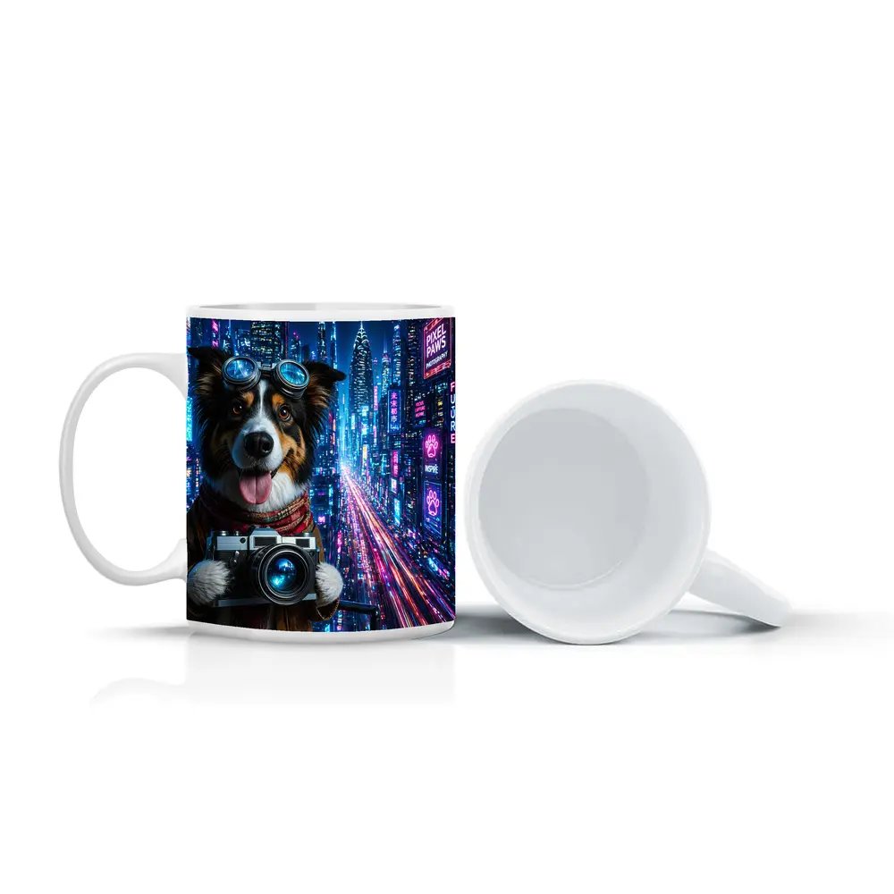 Border Collie Photographer Neon Cyberpunk City – Mugs