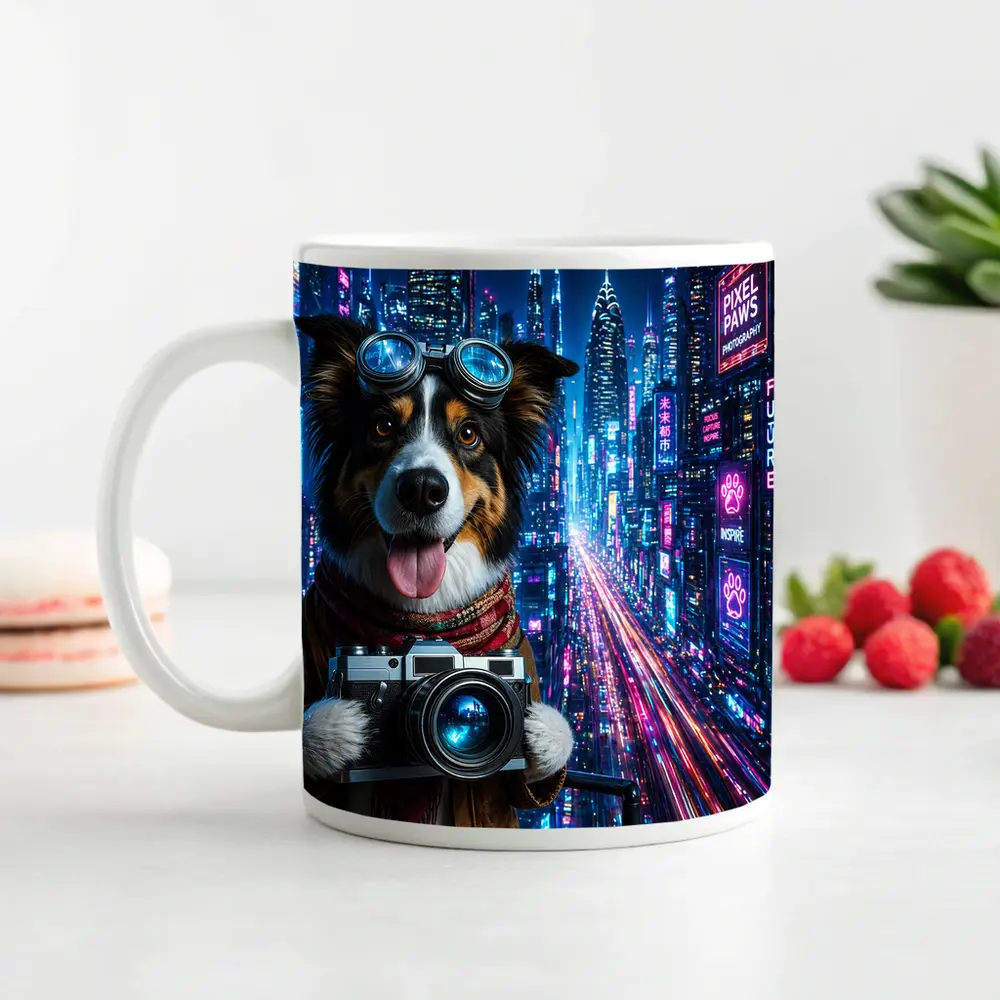 Border Collie Photographer Neon Cyberpunk City – Mugs