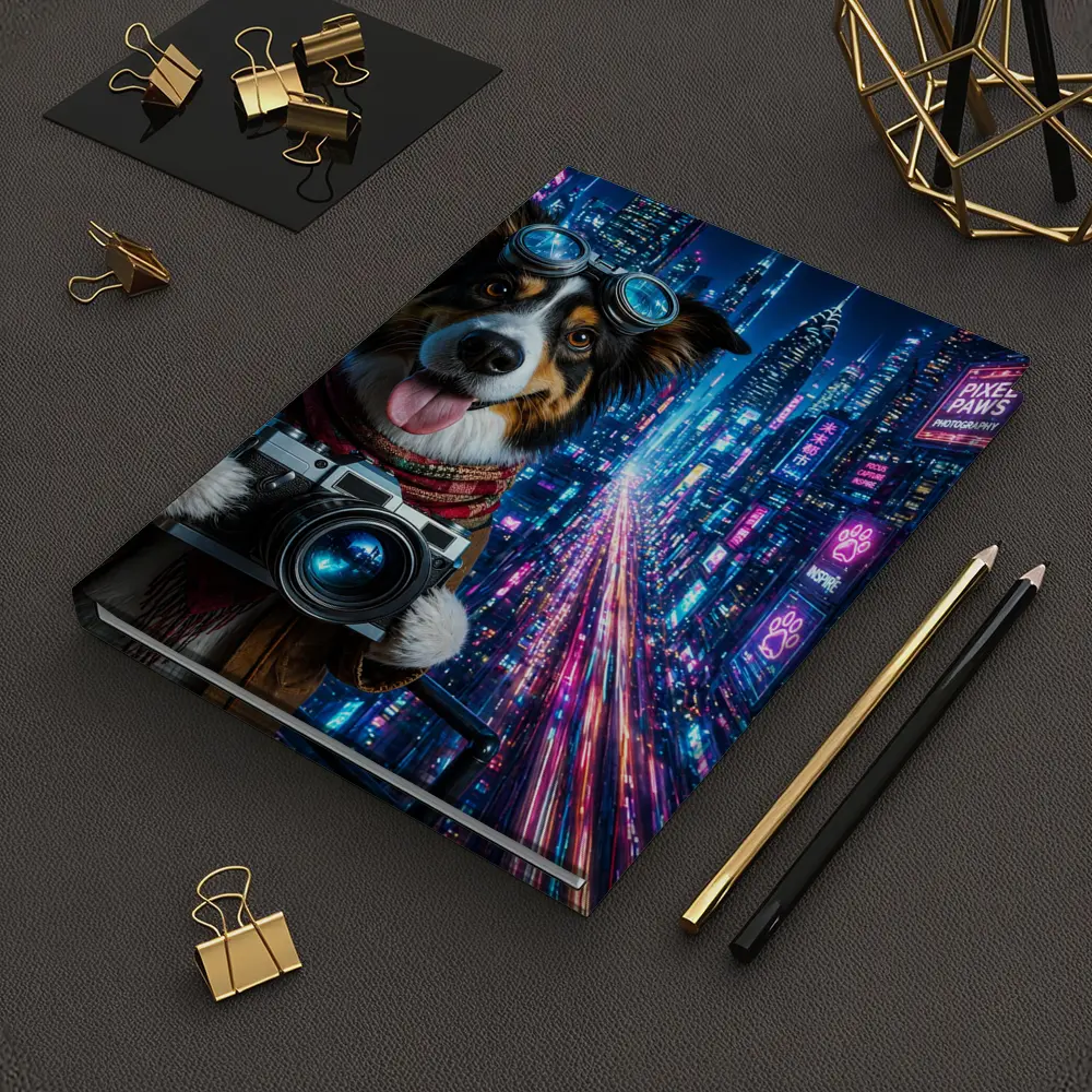 Border Collie Photographer Neon Cyberpunk City – Notebooks