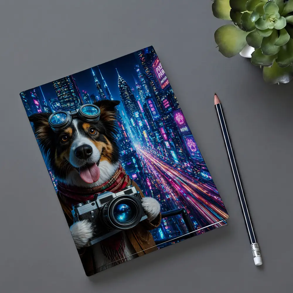 Border Collie Photographer Neon Cyberpunk City – Notebooks