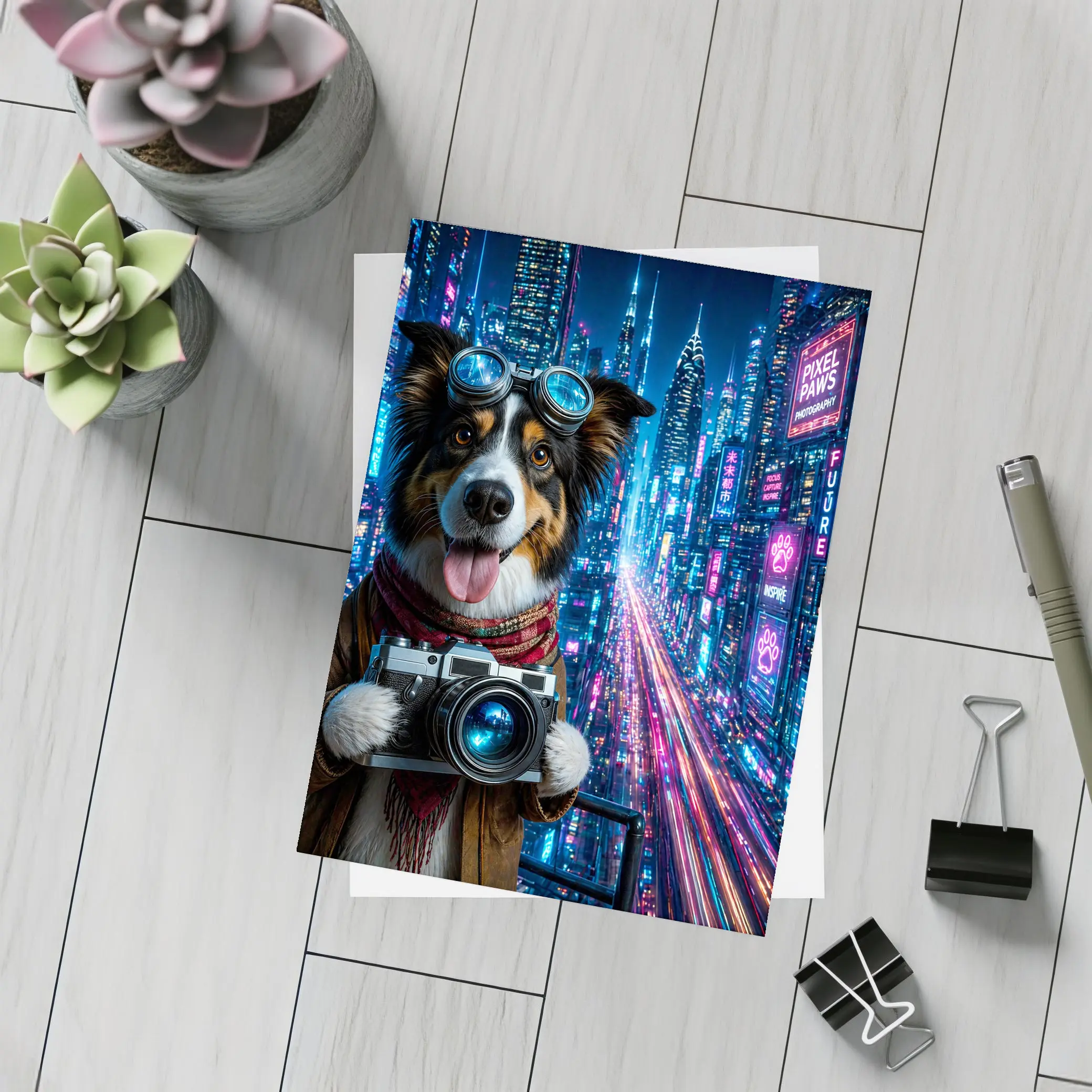 Border Collie Photographer Neon Cyberpunk City – Postcards