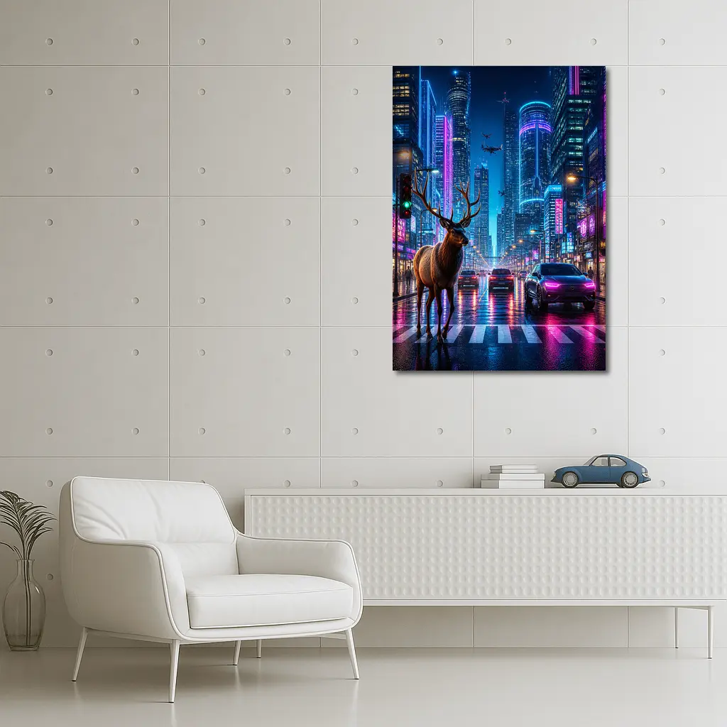 Deer Standing in Neon Cyberpunk City Street – Wall Art