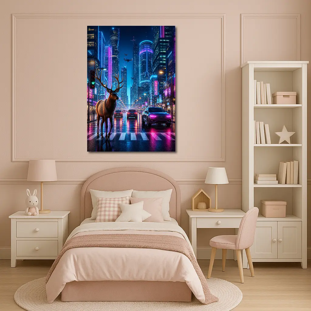 Deer Standing in Neon Cyberpunk City Street – Wall Art