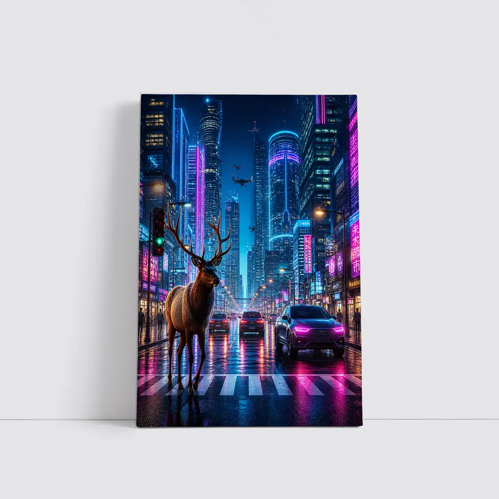 Deer Standing in Neon Cyberpunk City Street – Wall Art