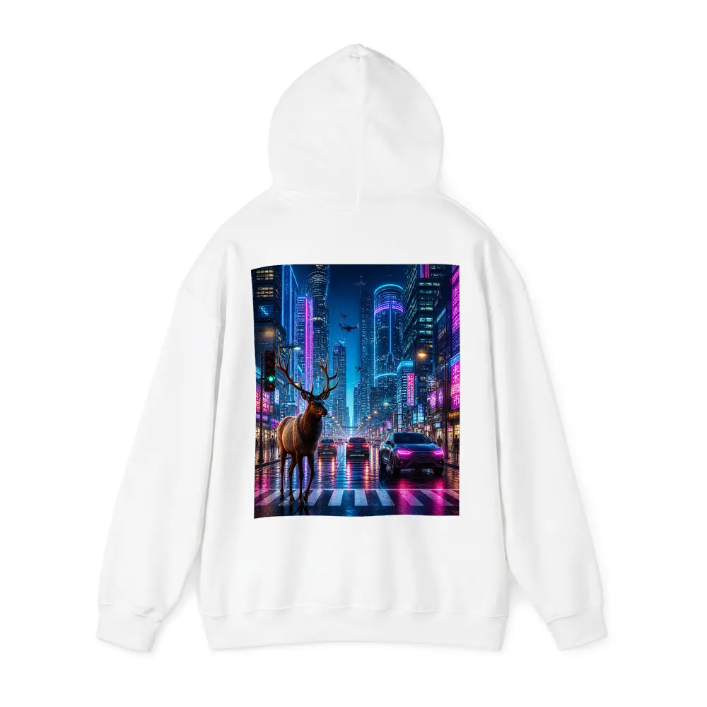 Deer Standing in Neon Cyberpunk City Street – Hoodies