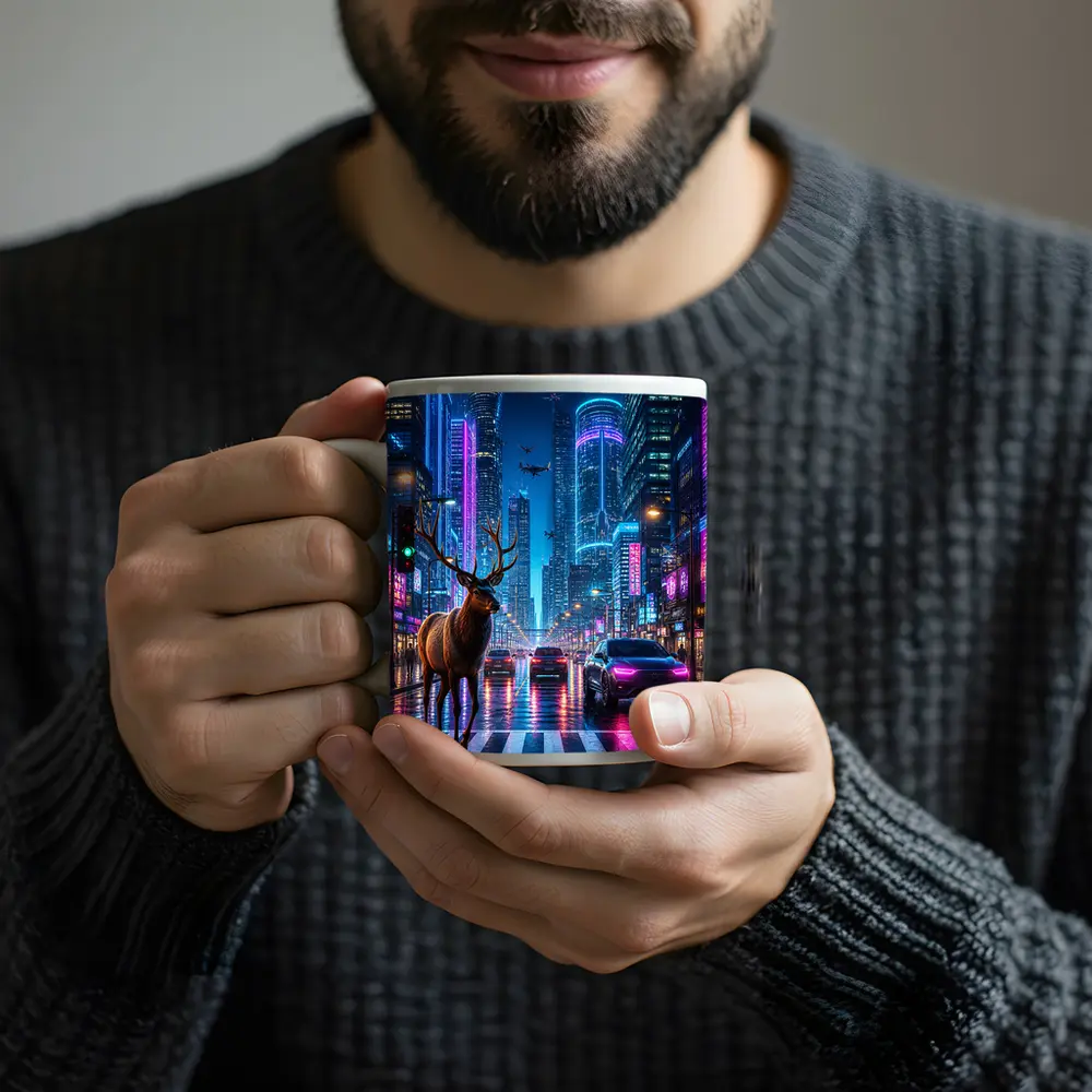 Deer Standing in Neon Cyberpunk City Street – Mugs