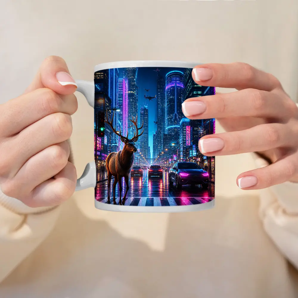 Deer Standing in Neon Cyberpunk City Street – Mugs