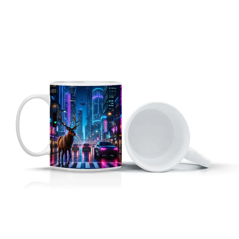 Deer Standing in Neon Cyberpunk City Street – Mugs