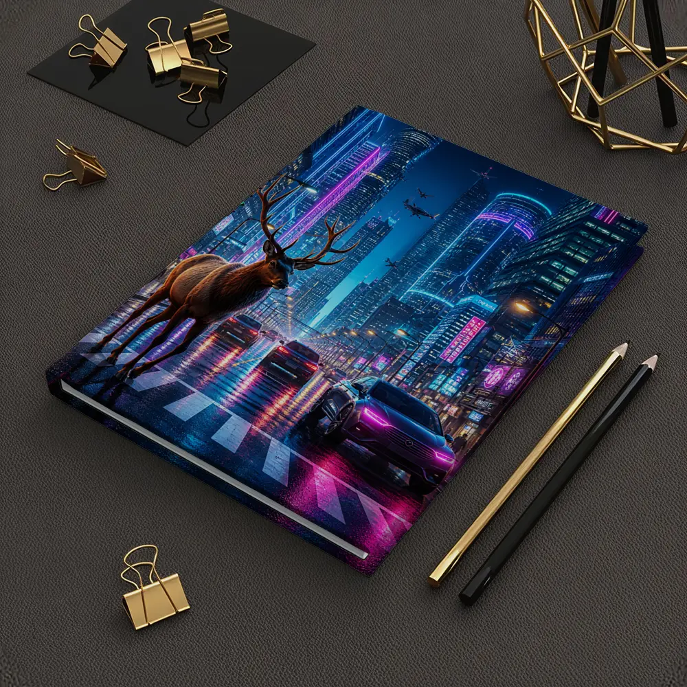 Deer Standing in Neon Cyberpunk City Street – Notebooks