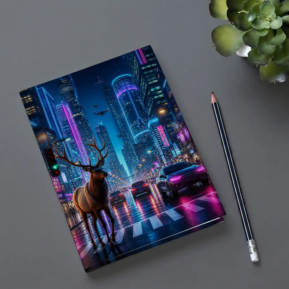 Deer Standing in Neon Cyberpunk City Street – Notebooks