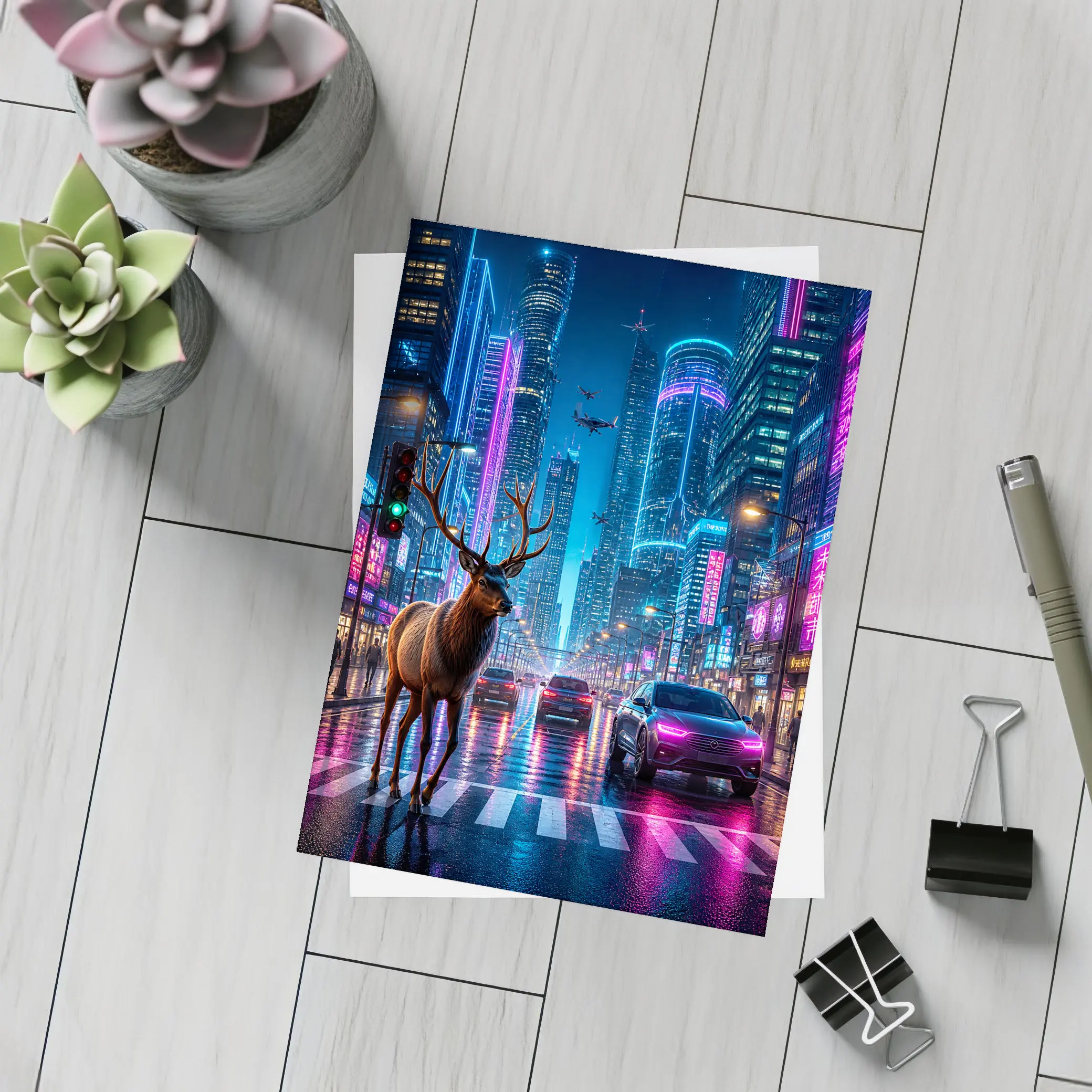 Deer Standing in Neon Cyberpunk City Street – Postcards