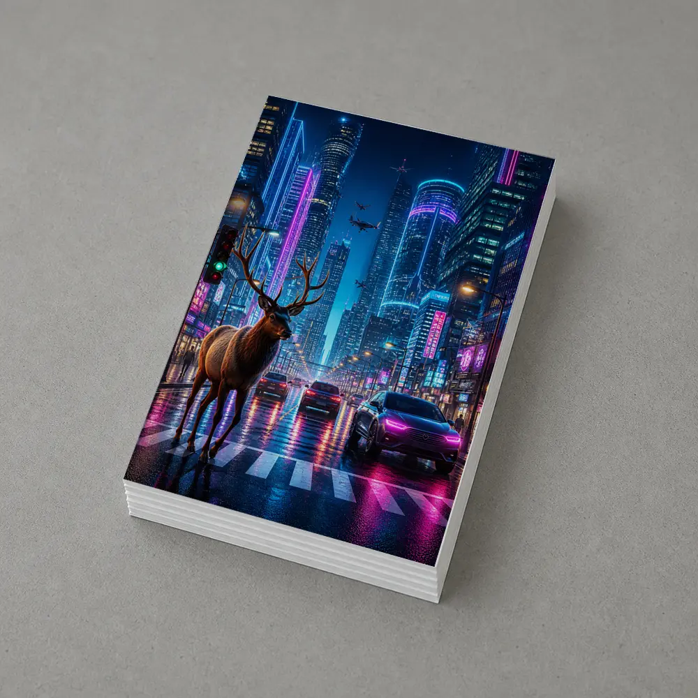 Deer Standing in Neon Cyberpunk City Street – Postcards