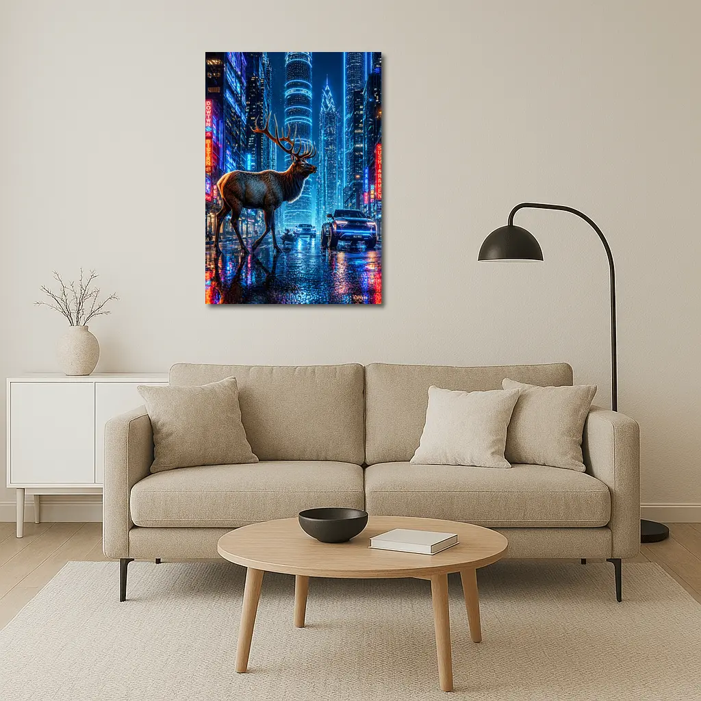 Elk Stag Walking Neon Cyberpunk City Night – Wall Art
