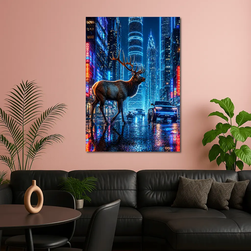 Elk Stag Walking Neon Cyberpunk City Night – Wall Art