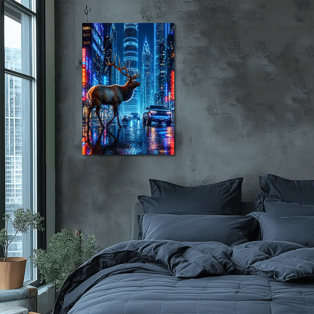 Elk Stag Walking Neon Cyberpunk City Night – Wall Art