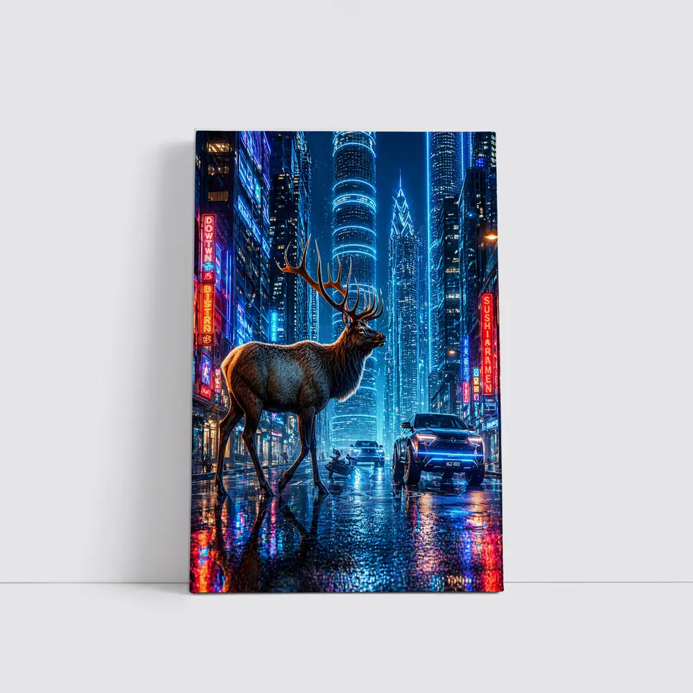 Elk Stag Walking Neon Cyberpunk City Night – Wall Art