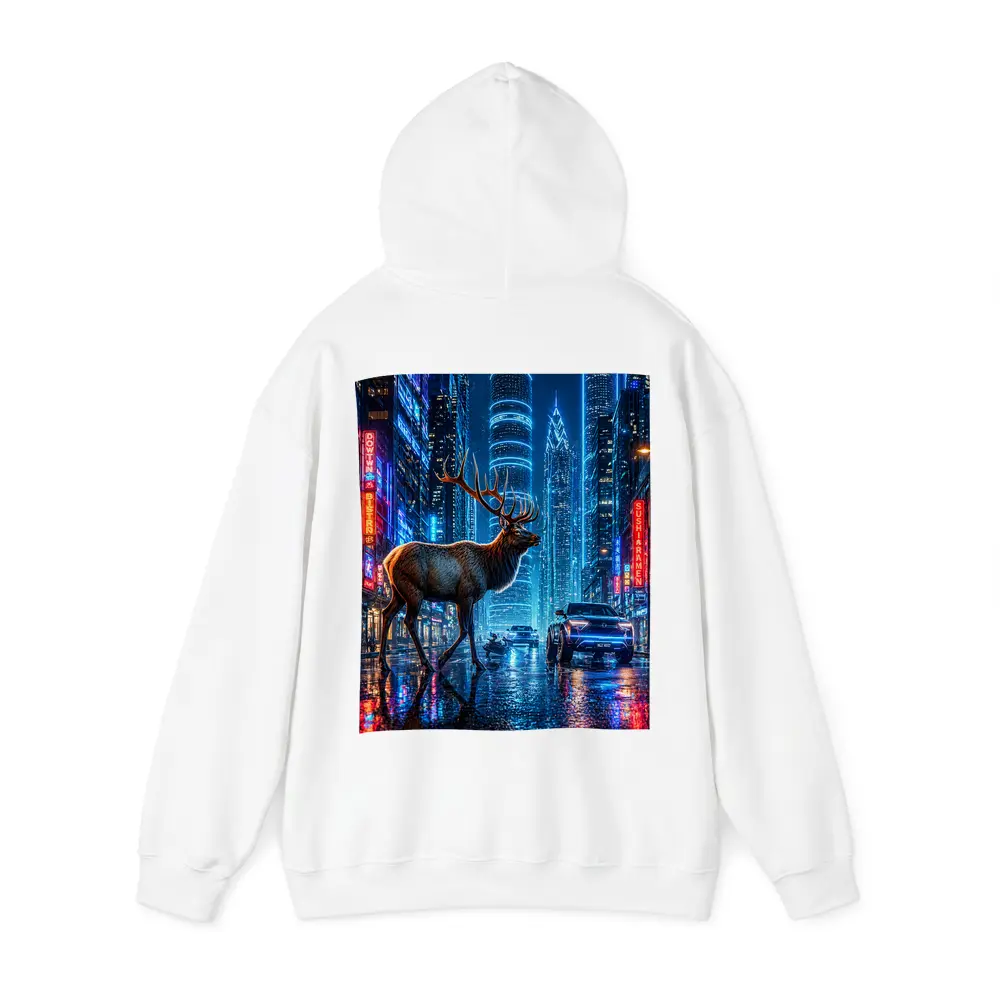 Elk Stag Walking Neon Cyberpunk City Night – Hoodies